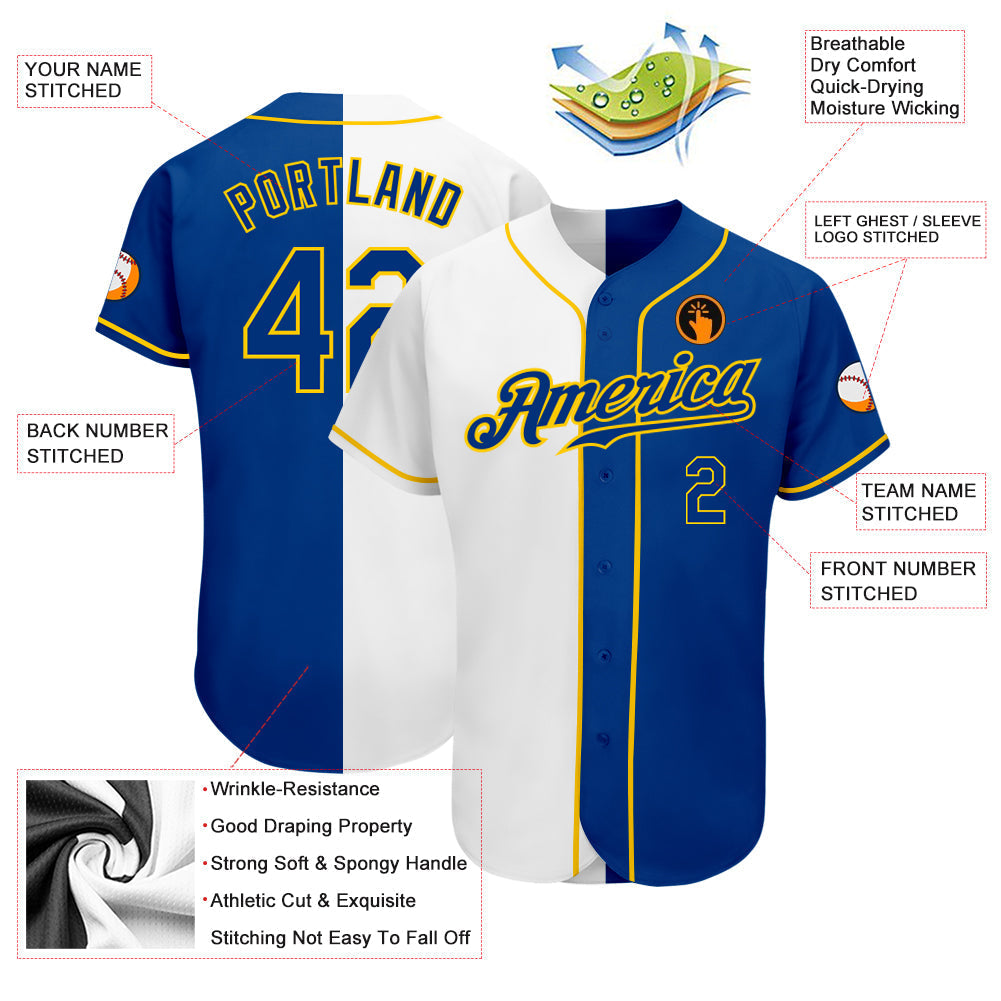 Custom White Royal-Gold Authentic Split Fashion Baseball Jersey baseball jersey product view 3