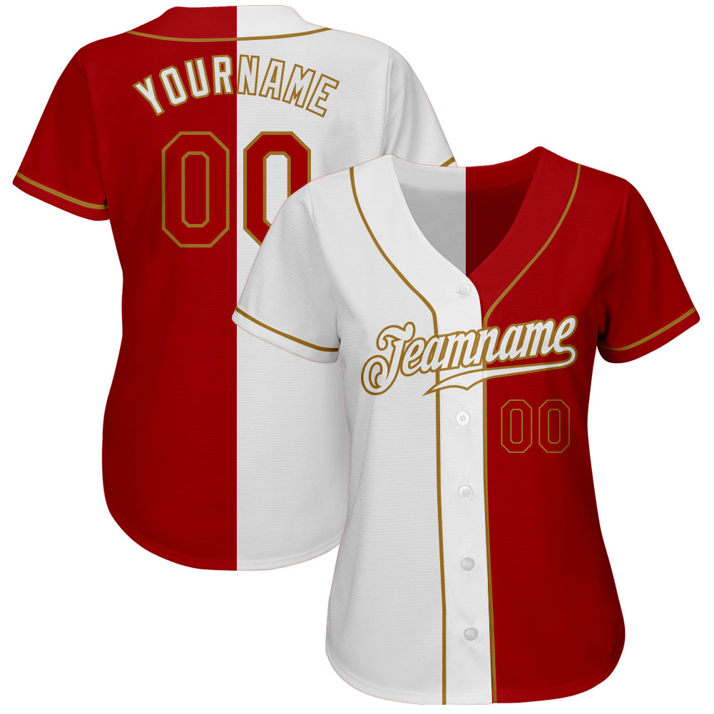 Custom White Red-Old Gold Authentic Split Fashion Baseball Jersey baseball jersey product view 2