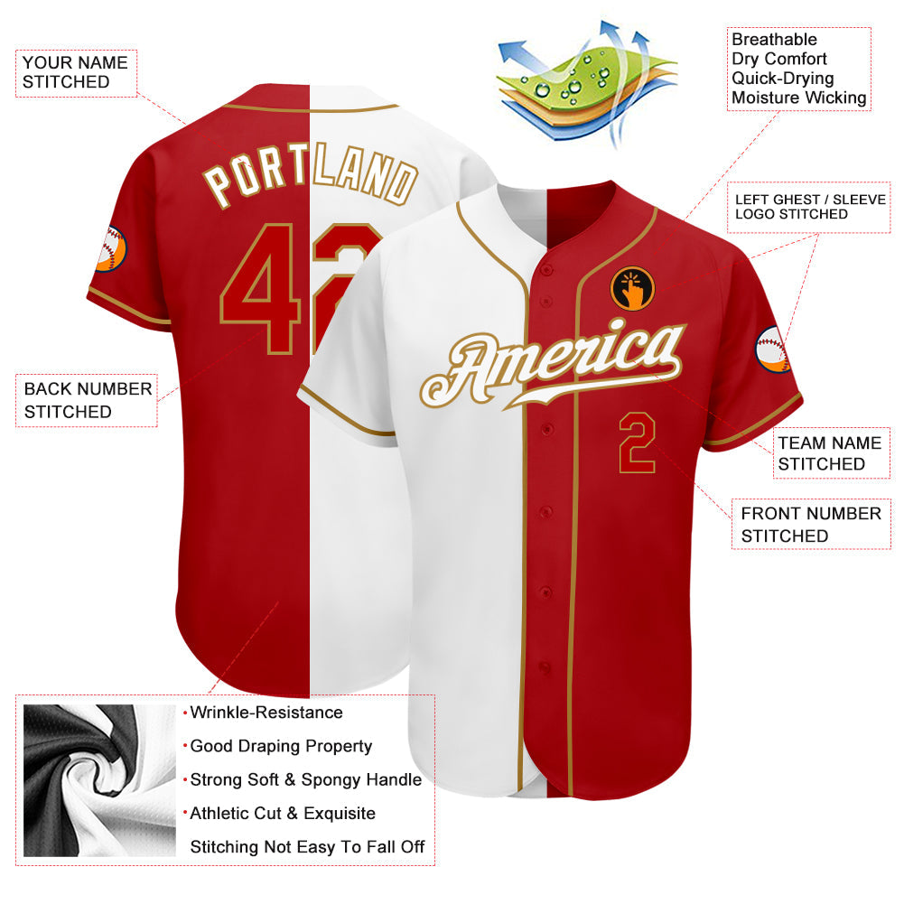 Custom White Red-Old Gold Authentic Split Fashion Baseball Jersey baseball jersey product view 3