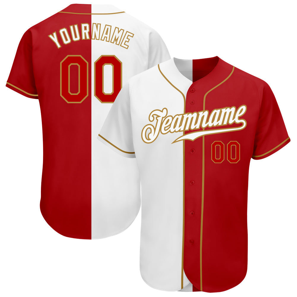 Custom White Red-Old Gold Authentic Split Fashion Baseball Jersey baseball jersey product view 1