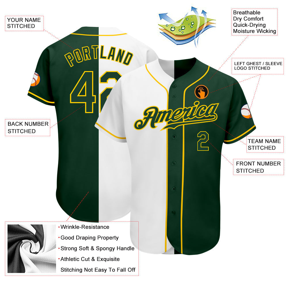 Custom White Green-Gold Authentic Split Fashion Baseball Jersey baseball jersey product view 3