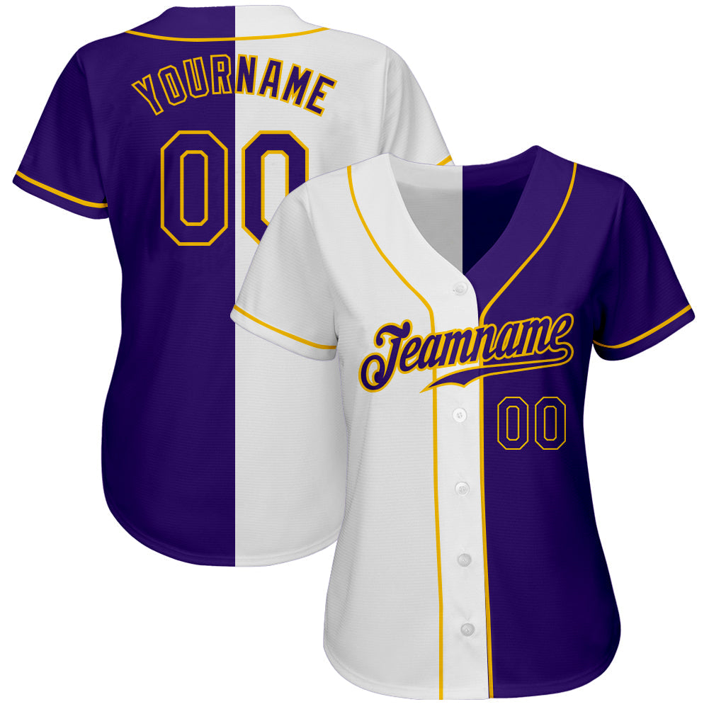Custom White Purple-Gold Authentic Split Fashion Baseball Jersey baseball jersey product view 2