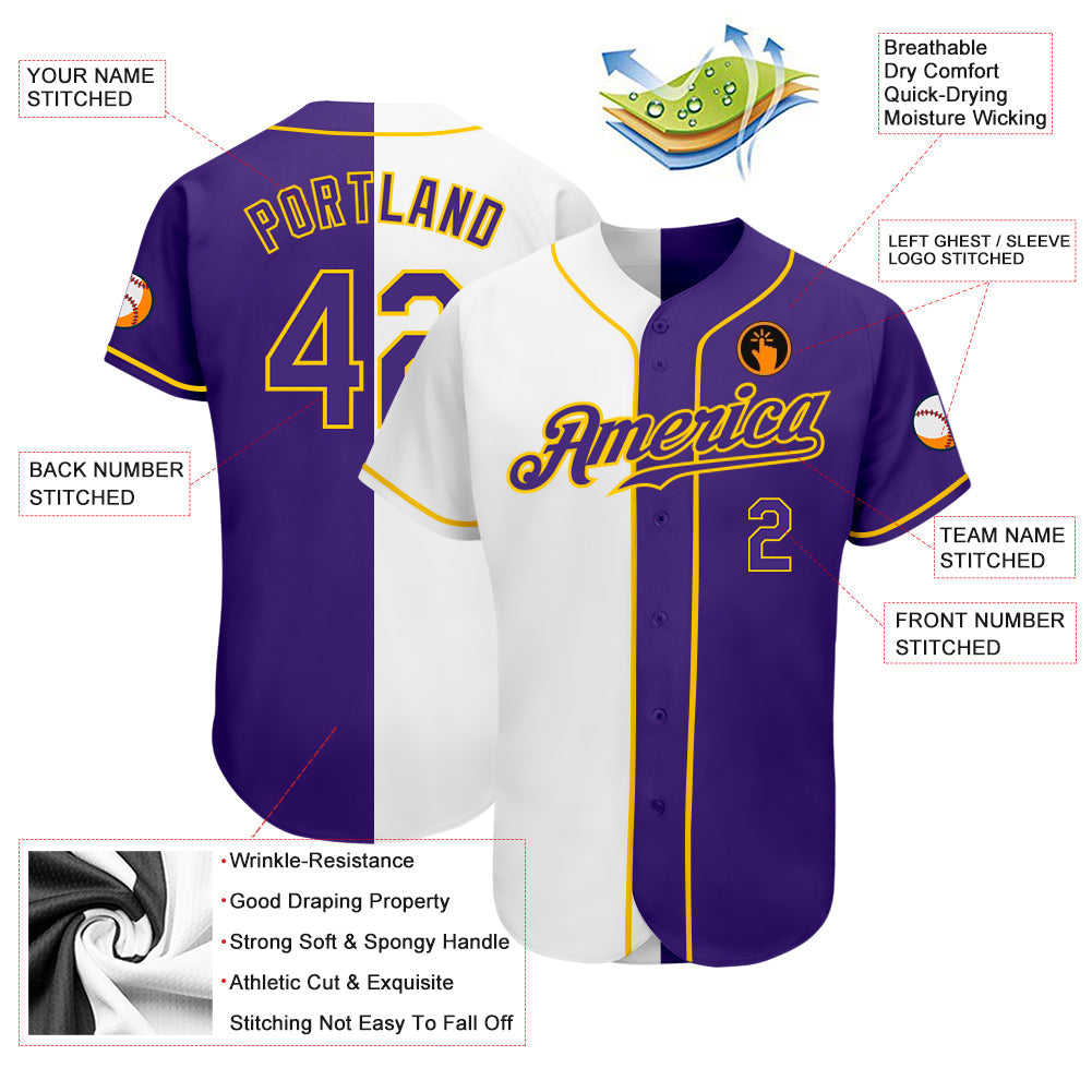 Custom White Purple-Gold Authentic Split Fashion Baseball Jersey baseball jersey product view 3