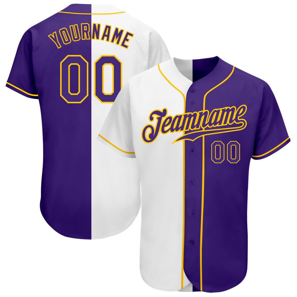 Custom White Purple-Gold Authentic Split Fashion Baseball Jersey baseball jersey product view 1