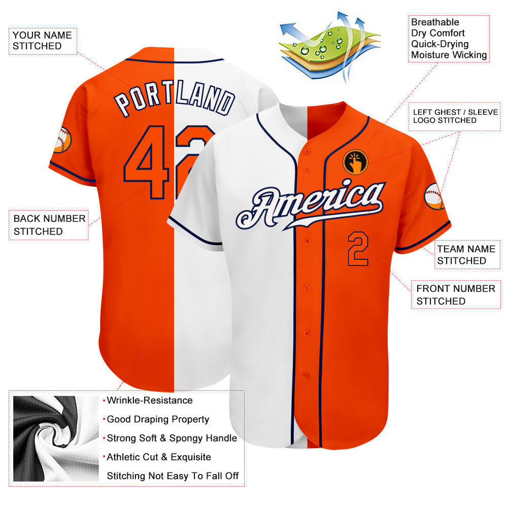 Custom White Orange-Navy Authentic Split Fashion Baseball Jersey baseball jersey product view 3