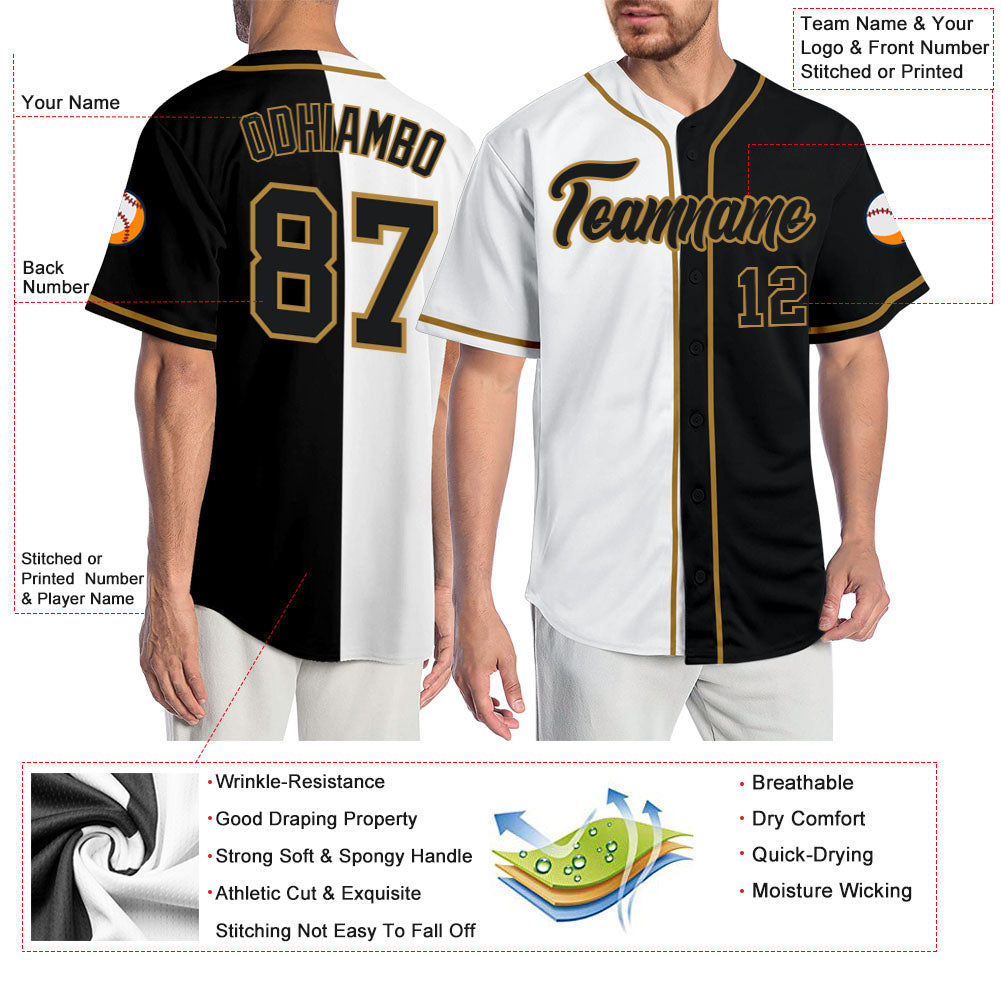 Custom White Black-Old Gold Authentic Split Fashion Baseball Jersey baseball jersey product view 3