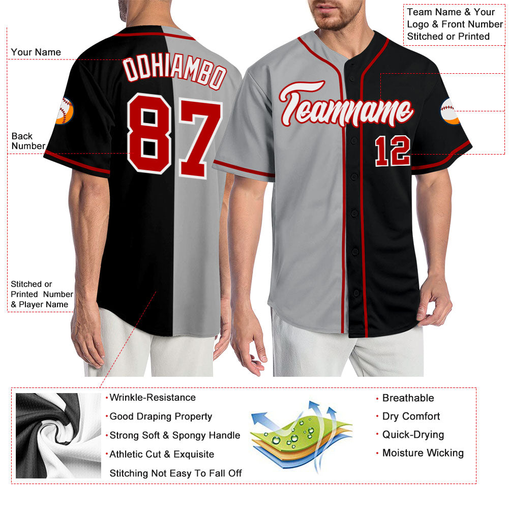 Custom Black Red-Gray Authentic Split Fashion Baseball Jersey baseball jersey product view 3