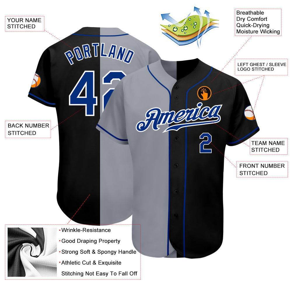 Custom Black Royal-Gray Authentic Split Fashion Baseball Jersey baseball jersey product view 3