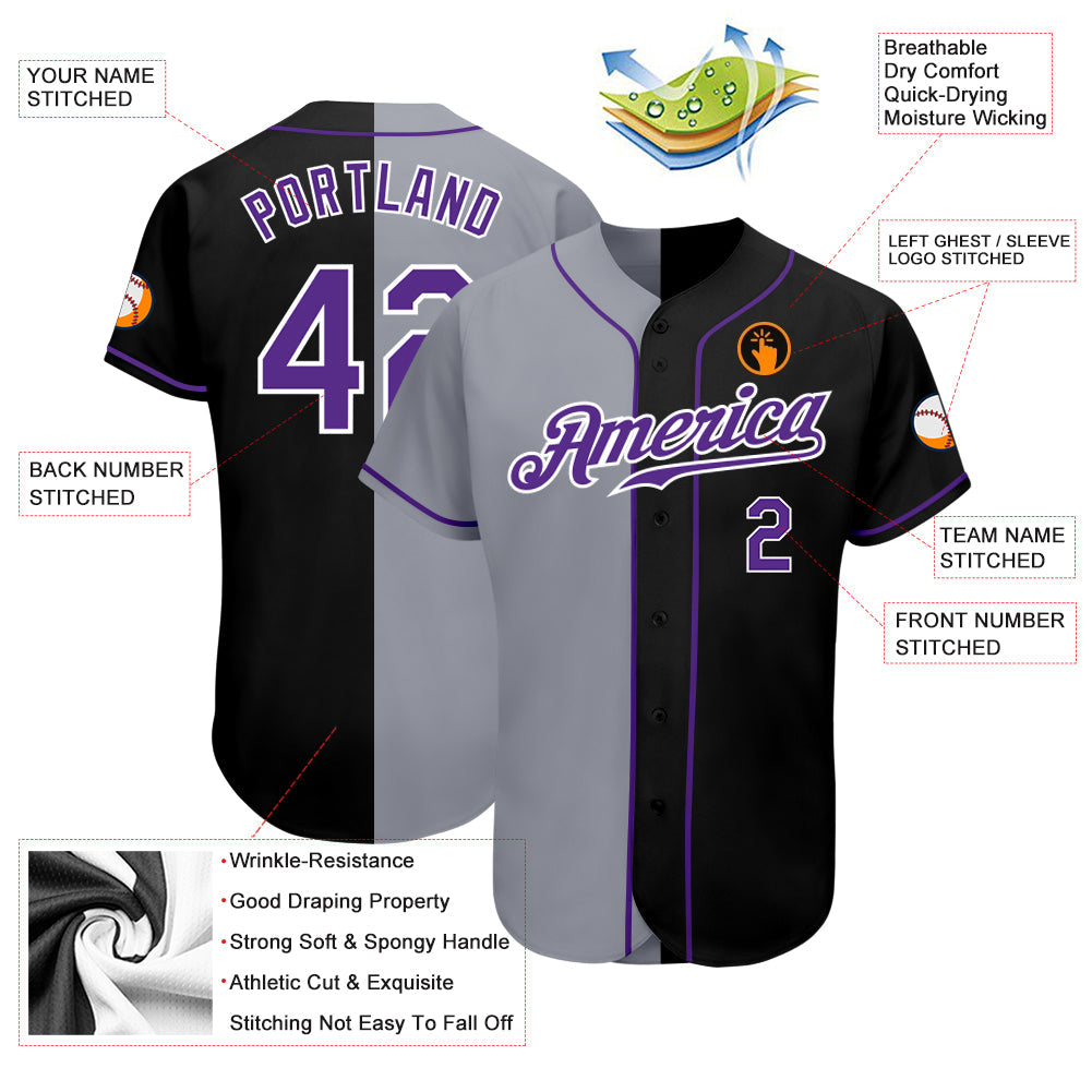 Custom Black Purple-Gray Authentic Split Fashion Baseball Jersey baseball jersey product view 4