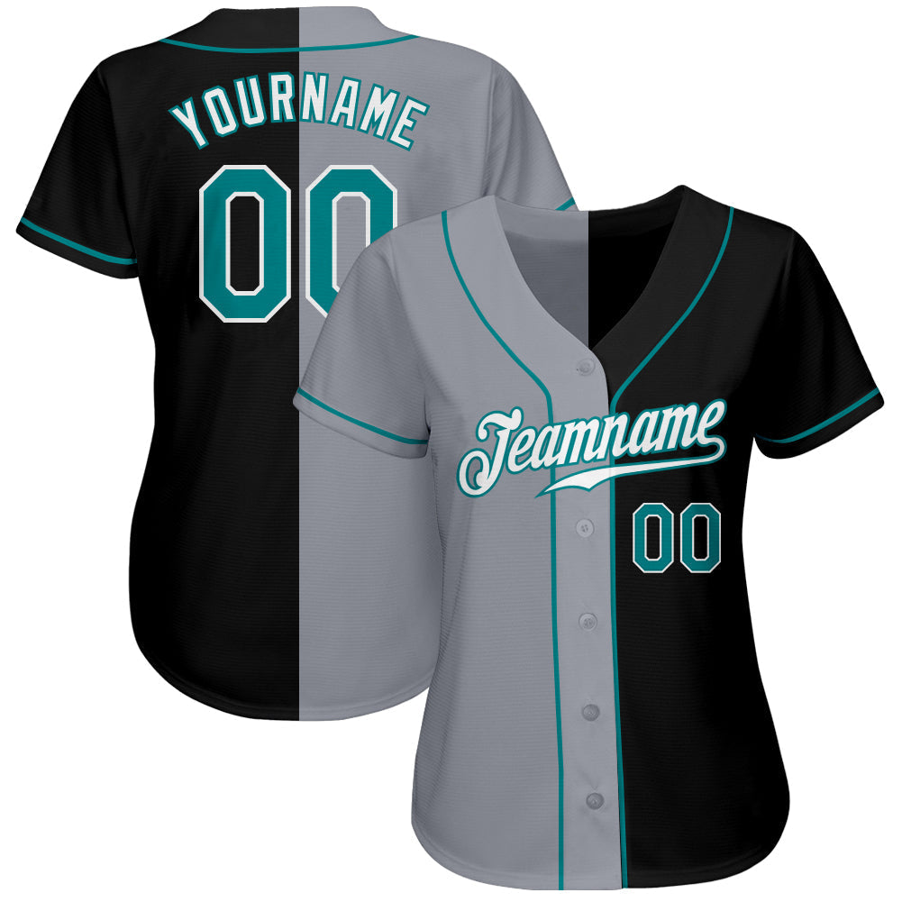 Custom Black Teal-Gray Authentic Split Fashion Baseball Jersey baseball jersey product view 2