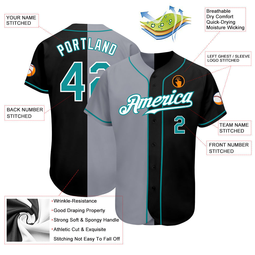 Custom Black Teal-Gray Authentic Split Fashion Baseball Jersey baseball jersey product view 3