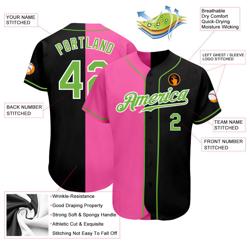 Custom Black Neon Green-Pink Authentic Split Fashion Baseball Jersey baseball jersey product view 3