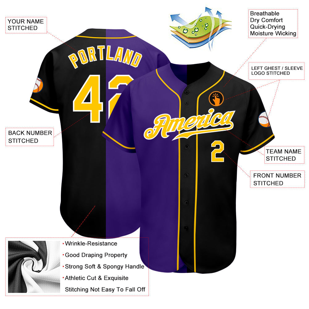 Custom Black Gold-Purple Authentic Split Fashion Baseball Jersey baseball jersey product view 3
