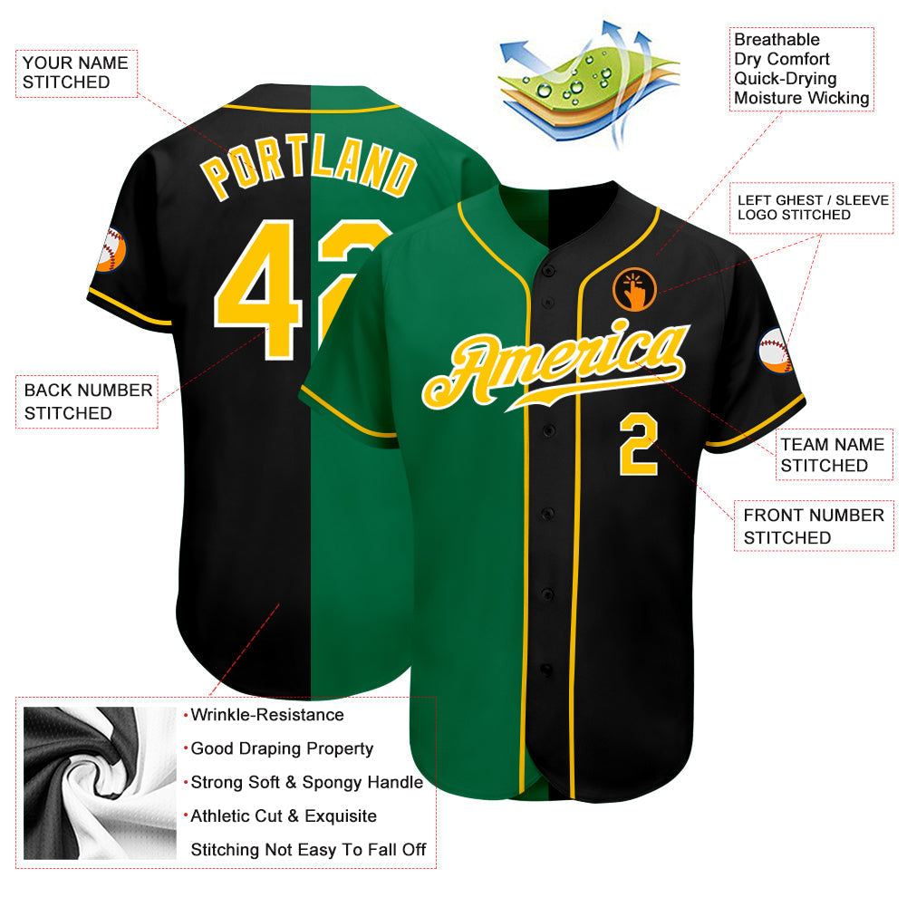 Custom Black Gold-Kelly Green Authentic Split Fashion Baseball Jersey baseball jersey product view 3