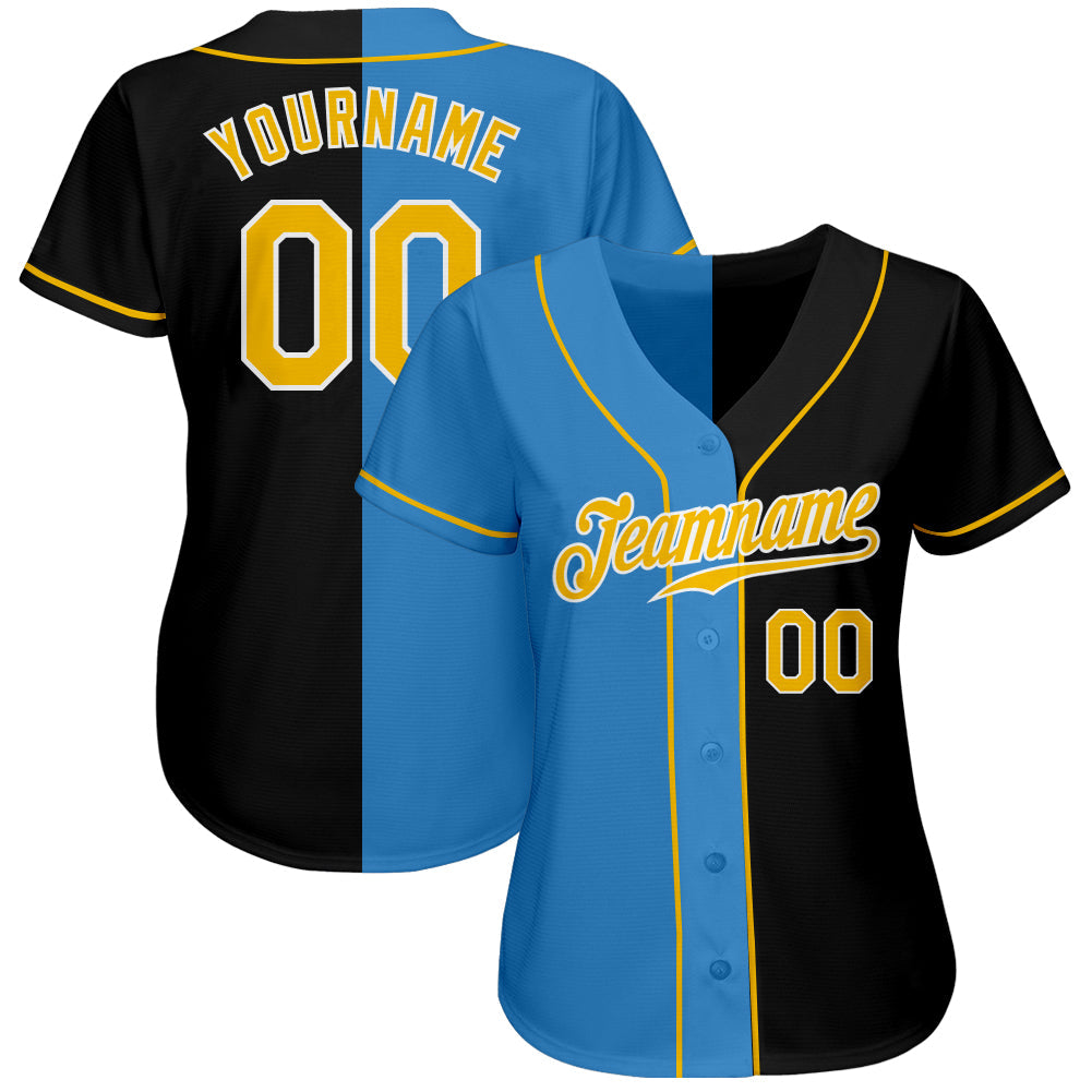 Custom Black Gold-Powder Blue Authentic Split Fashion Baseball Jersey baseball jersey product view 2