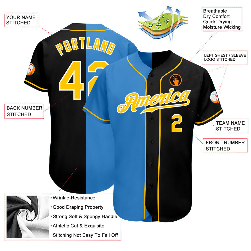 Custom Black Gold-Powder Blue Authentic Split Fashion Baseball Jersey baseball jersey product view 3