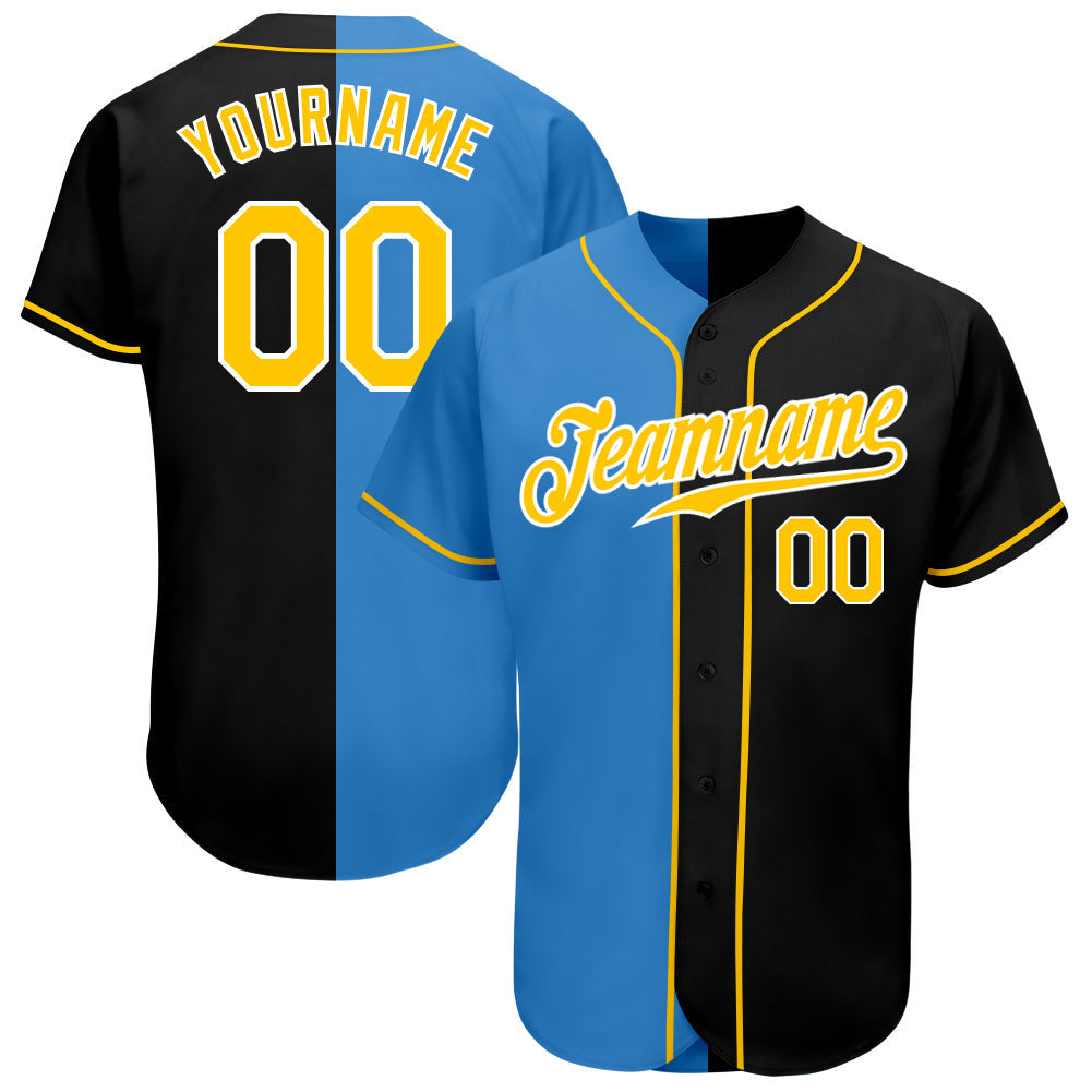 Custom Black Gold-Powder Blue Authentic Split Fashion Baseball Jersey baseball jersey product view 1