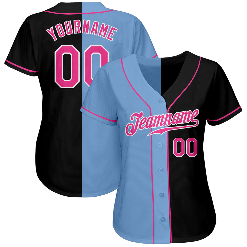 Custom Black Pink-Light Blue Authentic Split Fashion Baseball Jersey baseball jersey product view 2
