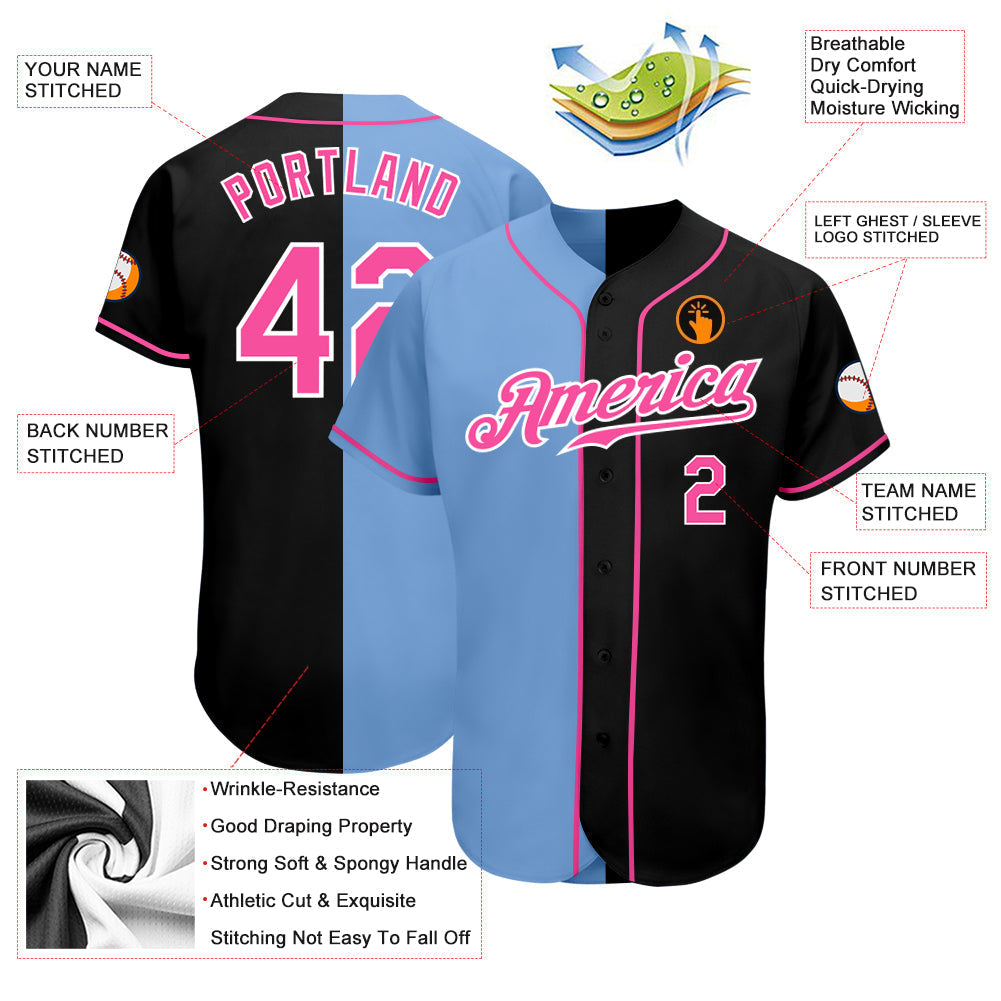 Custom Black Pink-Light Blue Authentic Split Fashion Baseball Jersey baseball jersey product view 3