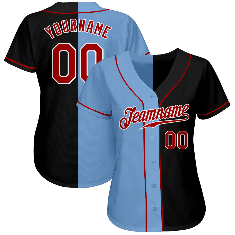 Custom Black Red-Light Blue Authentic Split Fashion Baseball Jersey baseball jersey product view 2