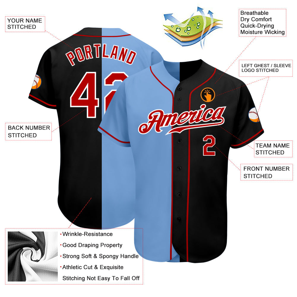 Custom Black Red-Light Blue Authentic Split Fashion Baseball Jersey baseball jersey product view 3