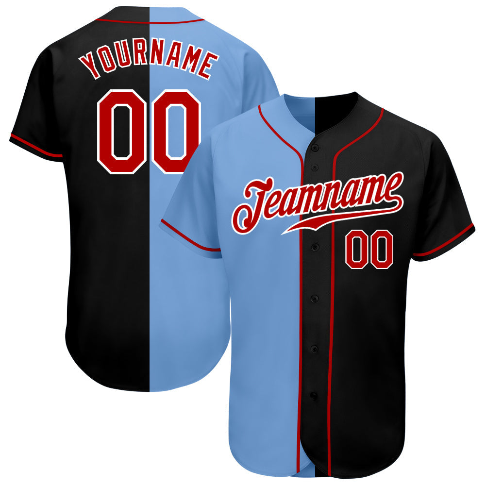 Custom Black Red-Light Blue Authentic Split Fashion Baseball Jersey baseball jersey product view 1