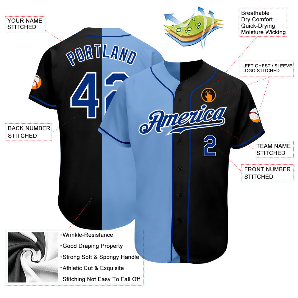 Custom Black Royal-Light Blue Authentic Split Fashion Baseball Jersey baseball jersey product view 3