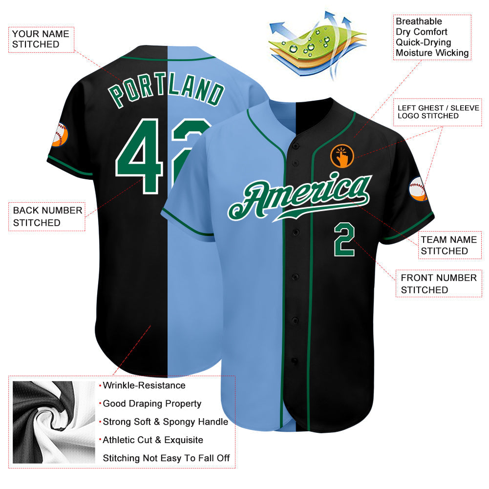 Custom Black Kelly Green-Light Blue Authentic Split Fashion Baseball Jersey baseball jersey product view 3