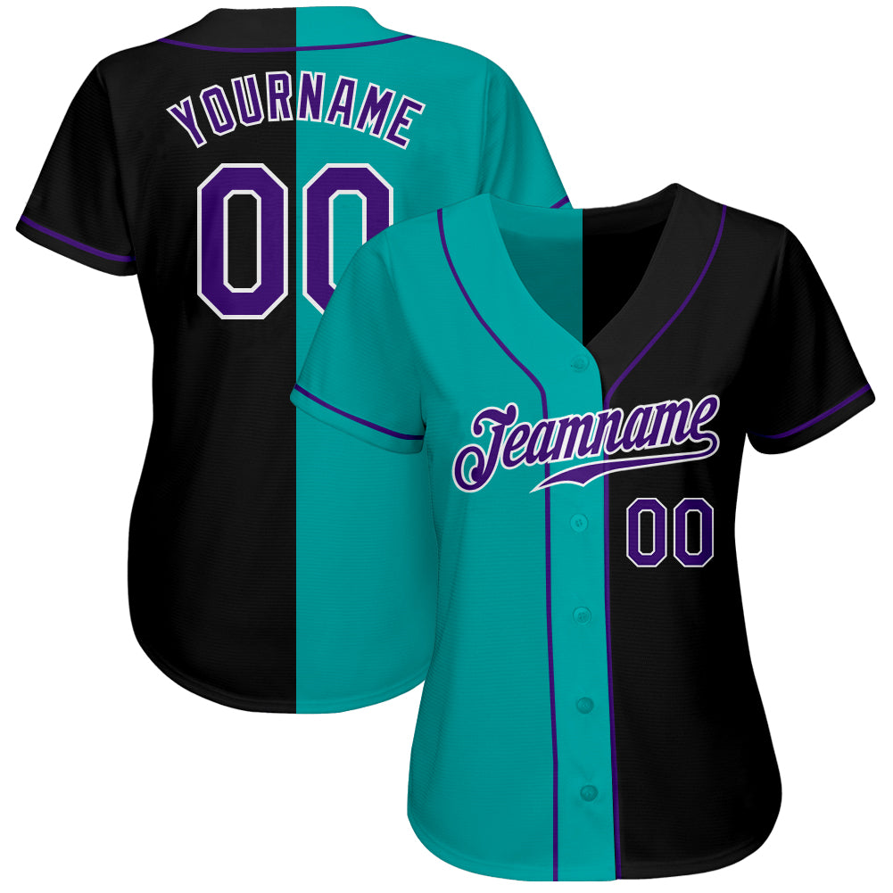 Custom Black Purple-Aqua Authentic Split Fashion Baseball Jersey baseball jersey product view 2