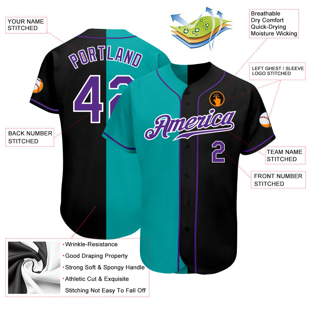 Custom Black Purple-Aqua Authentic Split Fashion Baseball Jersey baseball jersey product view 3
