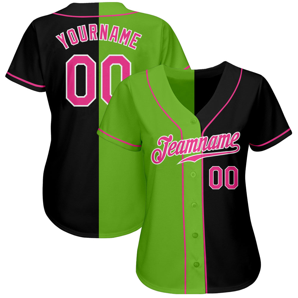 Custom Black Pink-Neon Green Authentic Split Fashion Baseball Jersey baseball jersey product view 2