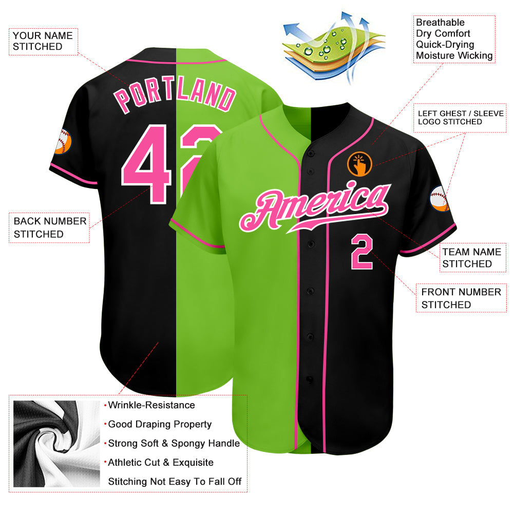 Custom Black Pink-Neon Green Authentic Split Fashion Baseball Jersey baseball jersey product view 3
