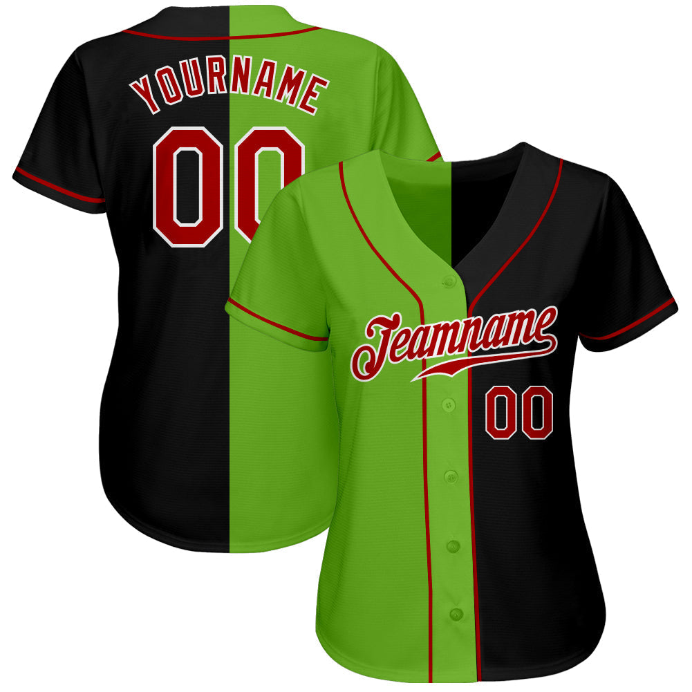 Custom Black Red-Neon Green Authentic Split Fashion Baseball Jersey baseball jersey product view 2