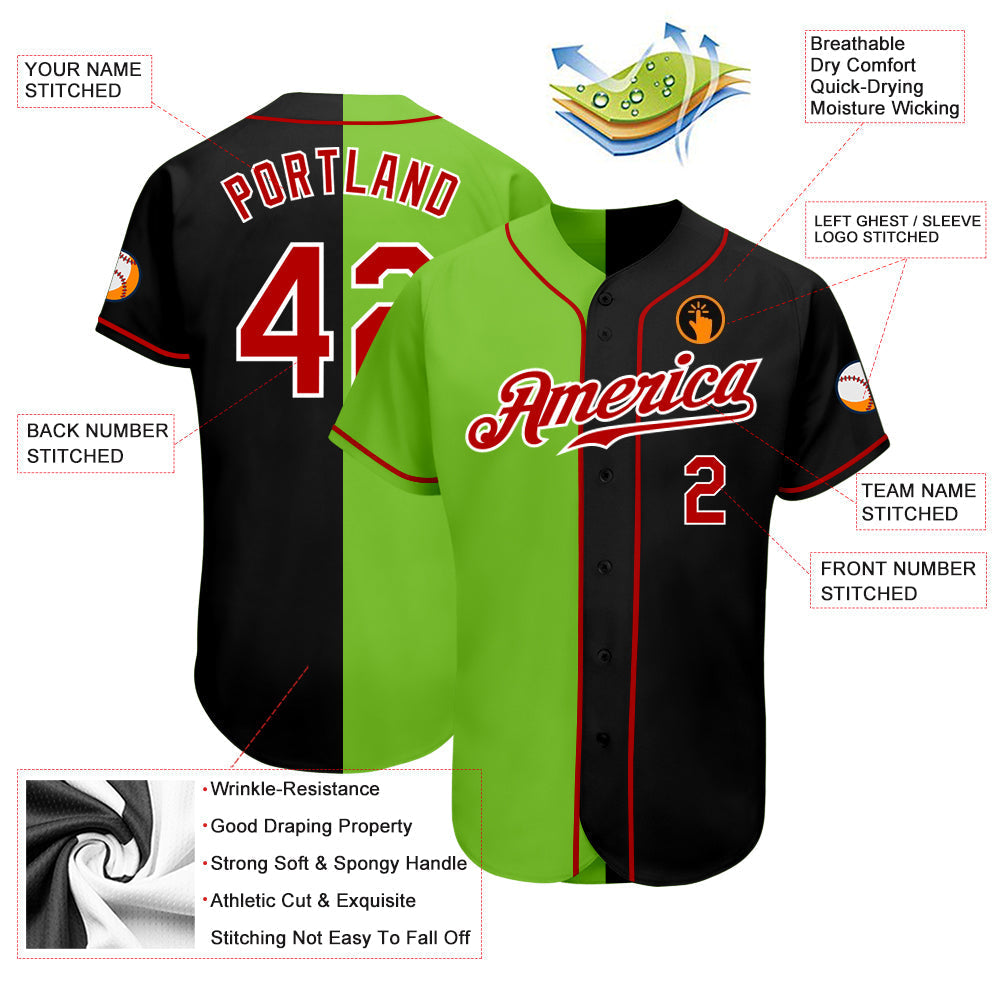 Custom Black Red-Neon Green Authentic Split Fashion Baseball Jersey baseball jersey product view 3