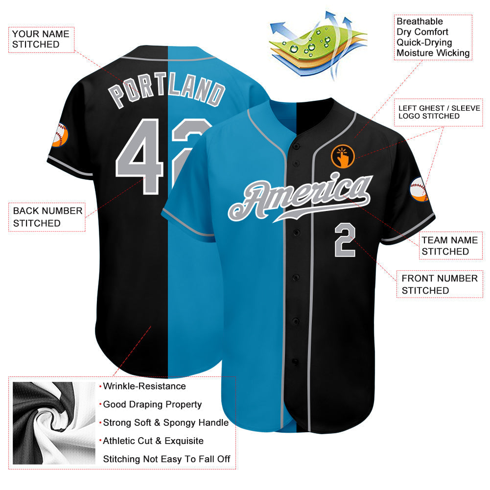 Custom Black Gray-Panther Blue Authentic Split Fashion Baseball Jersey baseball jersey product view 3