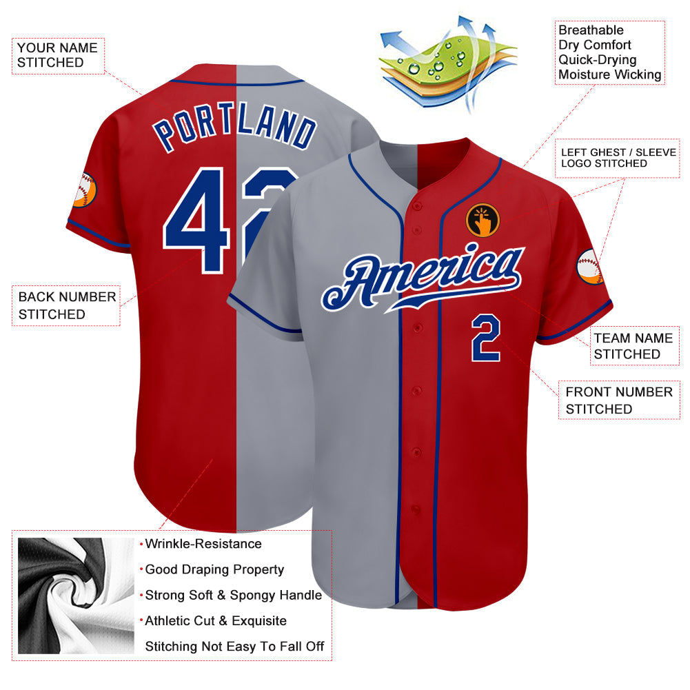 Custom Red Royal-Gray Authentic Split Fashion Baseball Jersey baseball jersey product view 3