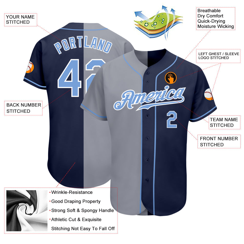 Custom Navy Light Blue-Gray Authentic Split Fashion Baseball Jersey baseball jersey product view 3