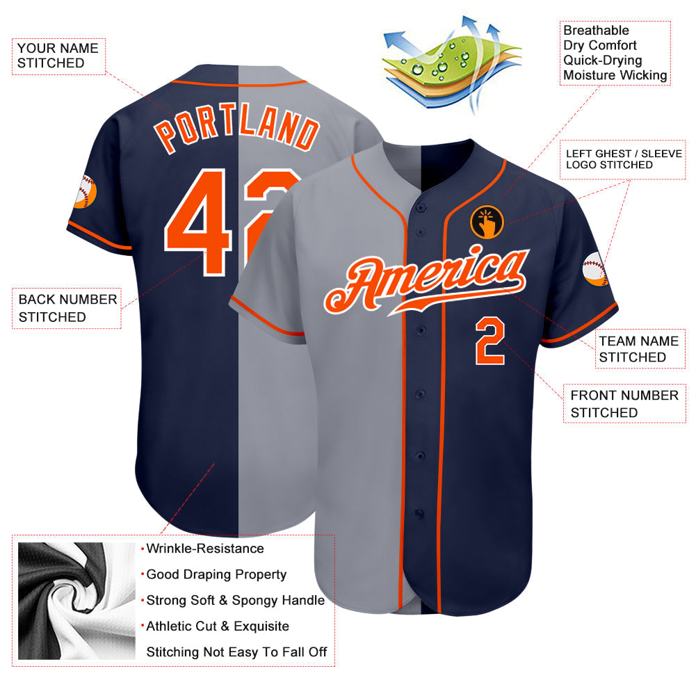 Custom Navy Orange-Gray Authentic Split Fashion Baseball Jersey baseball jersey product view 3