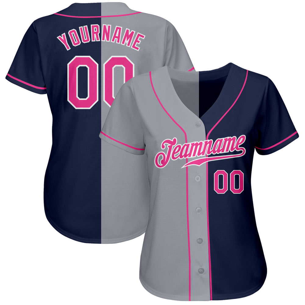 Custom Navy Pink-Gray Authentic Split Fashion Baseball Jersey baseball jersey product view 2