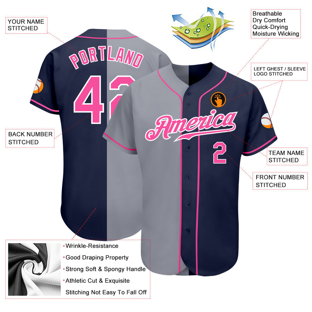 Custom Navy Pink-Gray Authentic Split Fashion Baseball Jersey baseball jersey product view 3