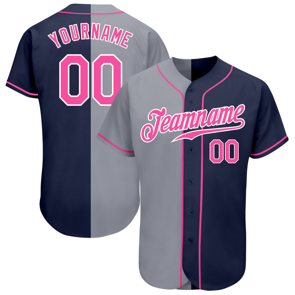 Custom Navy Pink-Gray Authentic Split Fashion Baseball Jersey baseball jersey product view 1