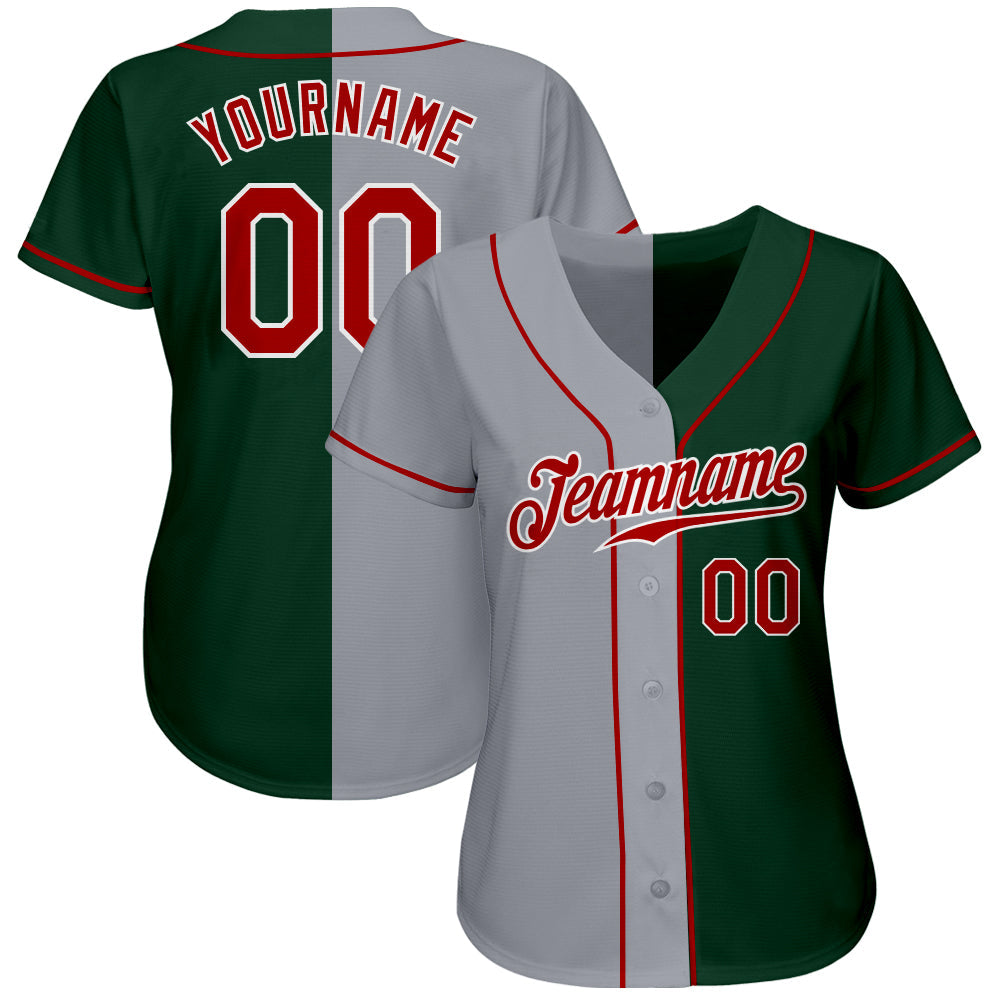 Custom Green Red-Gray Authentic Split Fashion Baseball Jersey baseball jersey product view 2