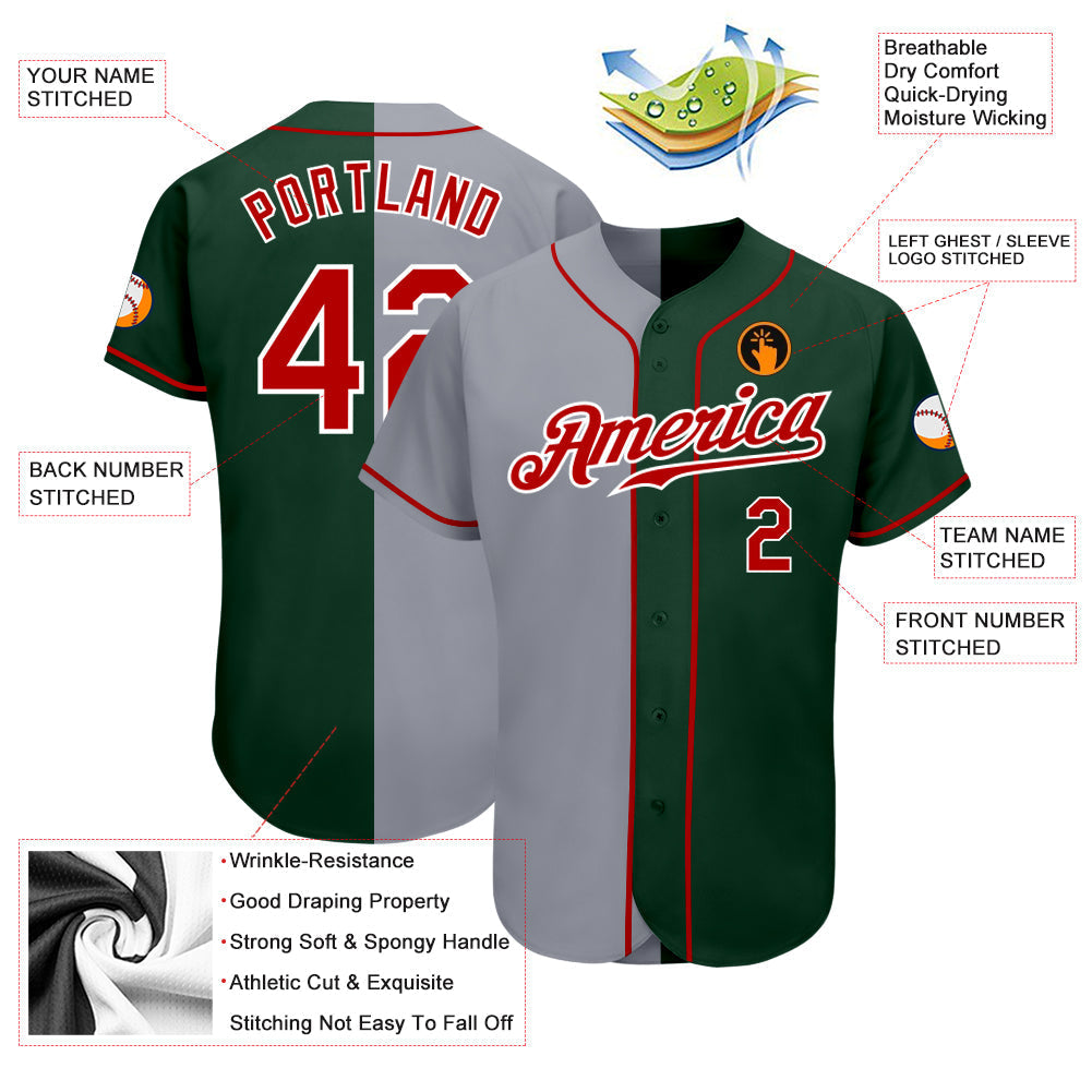 Custom Green Red-Gray Authentic Split Fashion Baseball Jersey baseball jersey product view 3