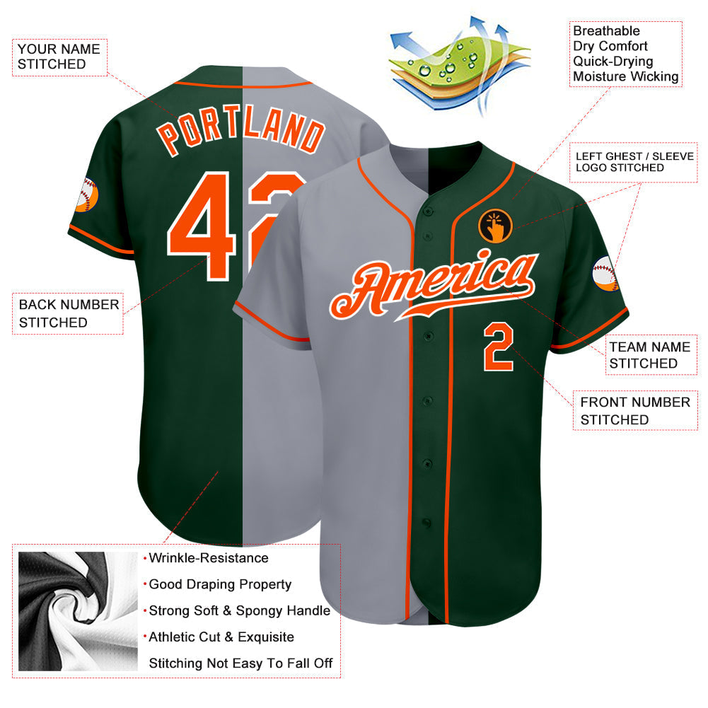 Custom Green Orange-Gray Authentic Split Fashion Baseball Jersey baseball jersey product view 3