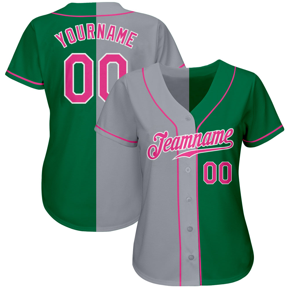 Custom Kelly Green Pink-Gray Authentic Split Fashion Baseball Jersey baseball jersey product view 2