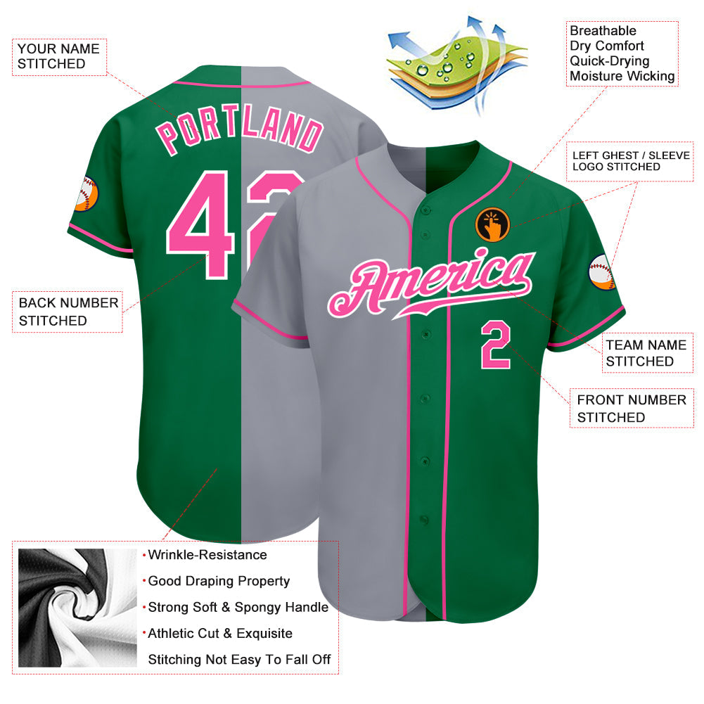 Custom Kelly Green Pink-Gray Authentic Split Fashion Baseball Jersey baseball jersey product view 3