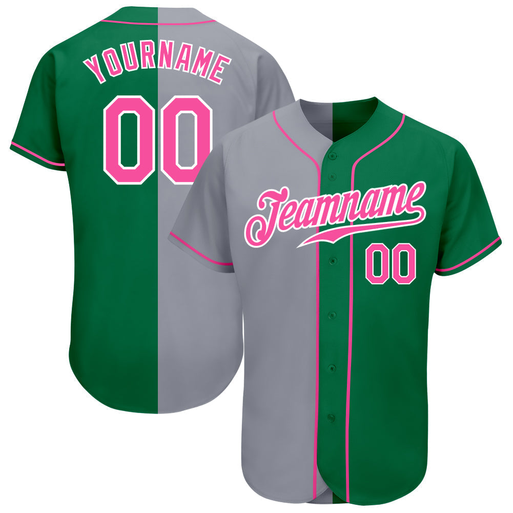 Custom Kelly Green Pink-Gray Authentic Split Fashion Baseball Jersey baseball jersey product view 1