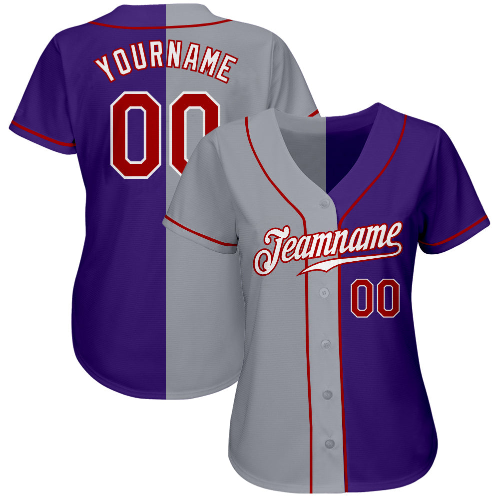 Custom Purple Red-Gray Authentic Split Fashion Baseball Jersey baseball jersey product view 2