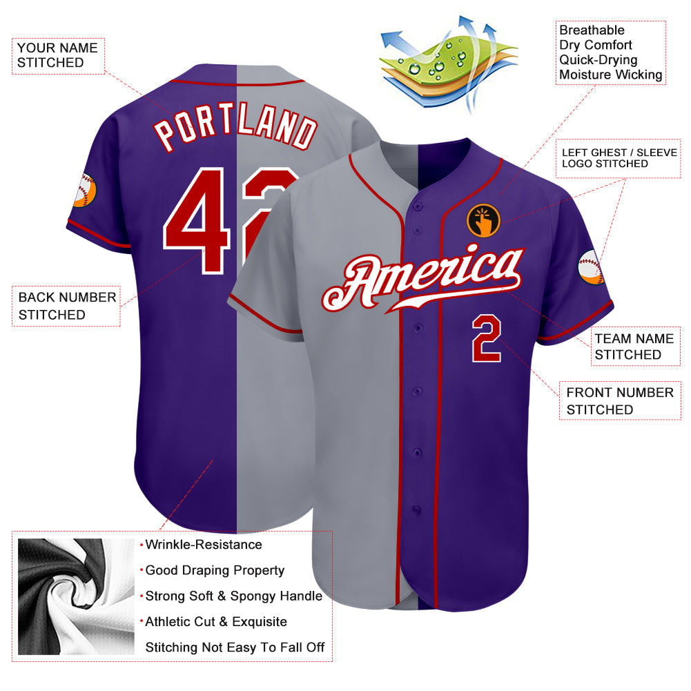 Custom Purple Red-Gray Authentic Split Fashion Baseball Jersey baseball jersey product view 3