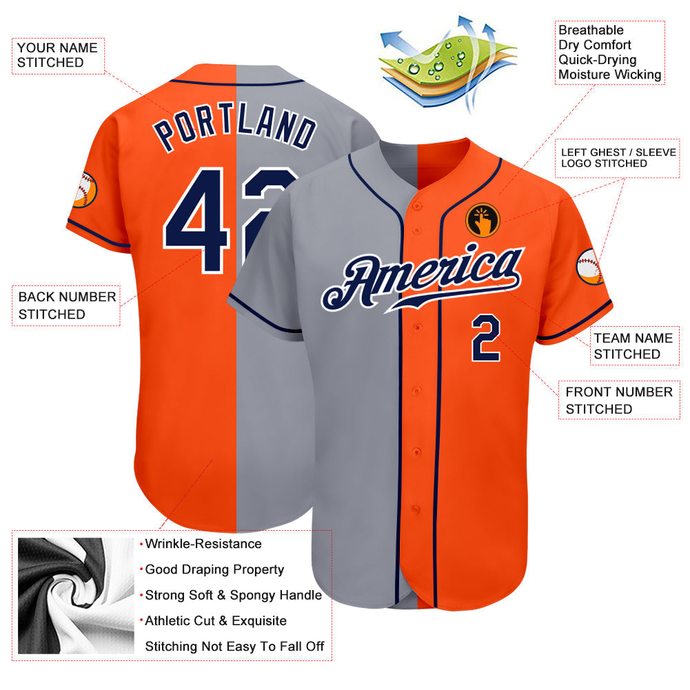 Custom Orange Navy-Gray Authentic Split Fashion Baseball Jersey baseball jersey product view 3